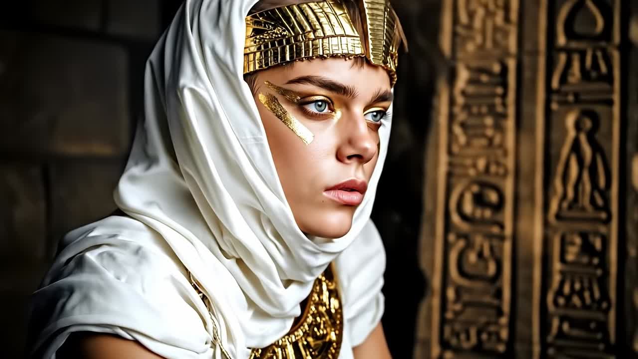 A woman wearing a white and gold headdress with gold makeup