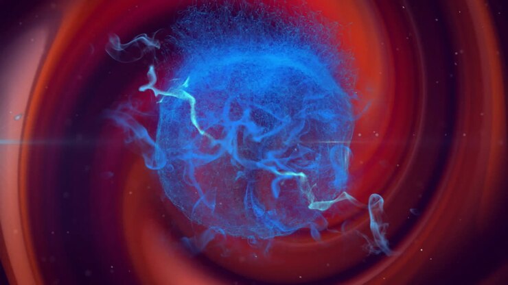 Animation of blue light trails over orange shapes on black background