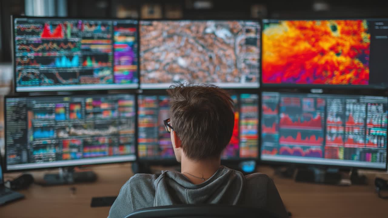 An Intense Data Analysis Session: A Focused Individual Engaged with Multiple Monitors Displaying Complex Graphs and Trends in a Dynamic Digital Environment