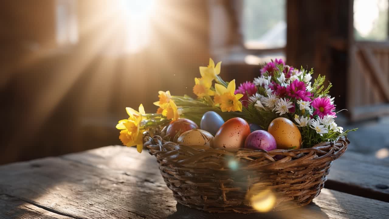 Warm sunlight streams through a window. Colorful eggs and flowers fill a woven basket. Wooden table holds the basket warmly. Sunbeams create a peaceful, spring atmosphere. Ideal for Easter, spring
