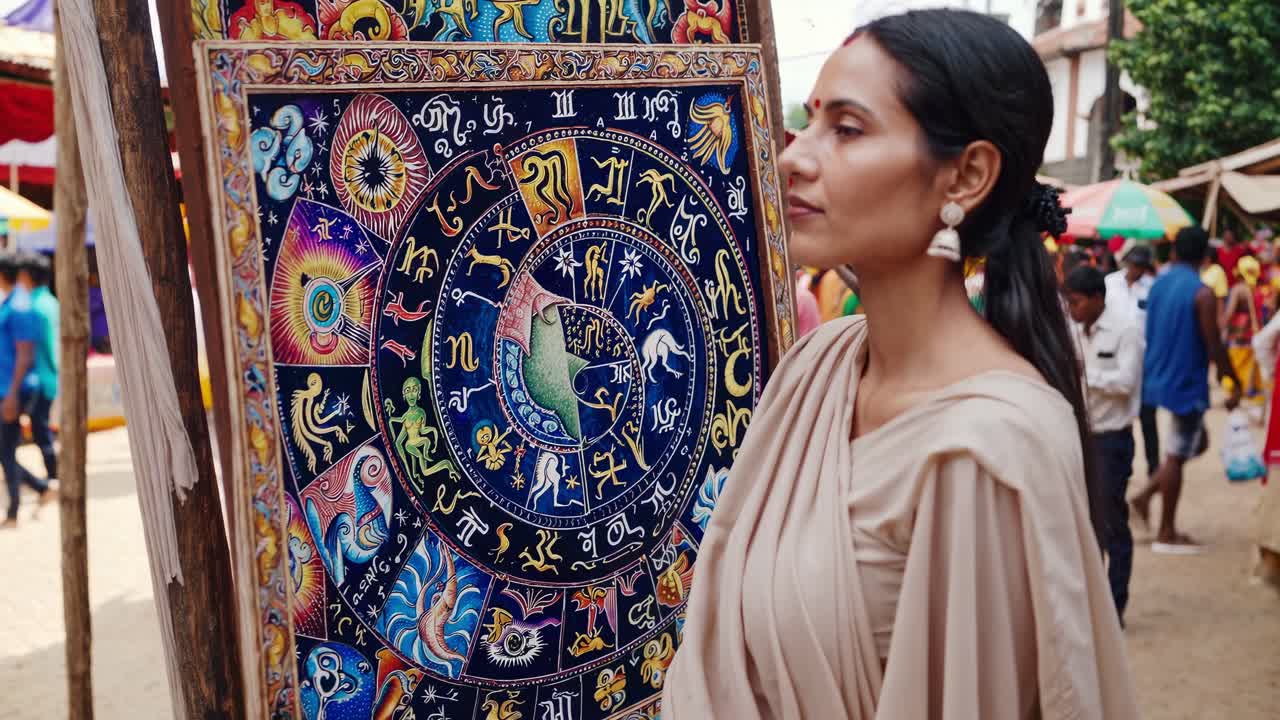 Indian astrologer showing natal chart wheel with zodiac signs and esoteric symbols at a spiritual fair, surrounded by people interested in astrology and esotericism