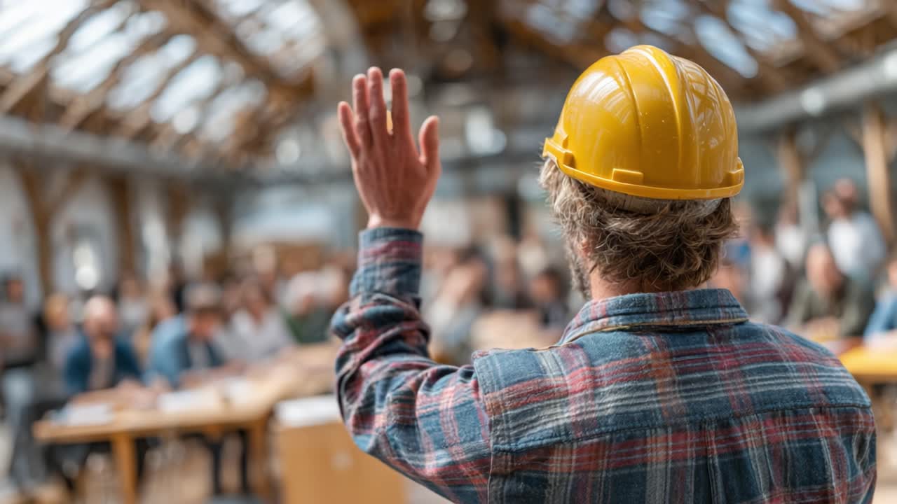 A Construction Worker Engaging with a Large Group in a Bright, Open Space, Highlighting Collaboration and Communication in a Team Environment