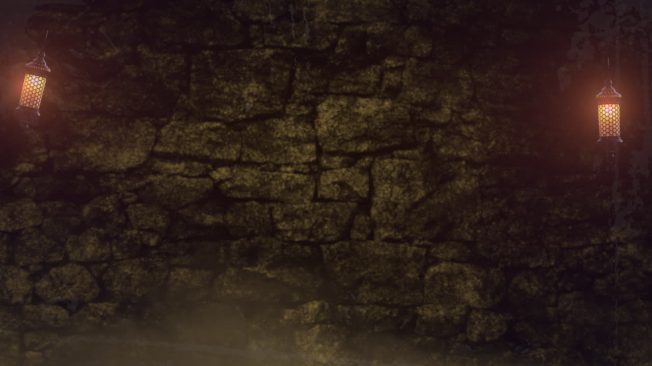 una habitación misteriosa con paredes de piedra y velas que proyectan sombras.