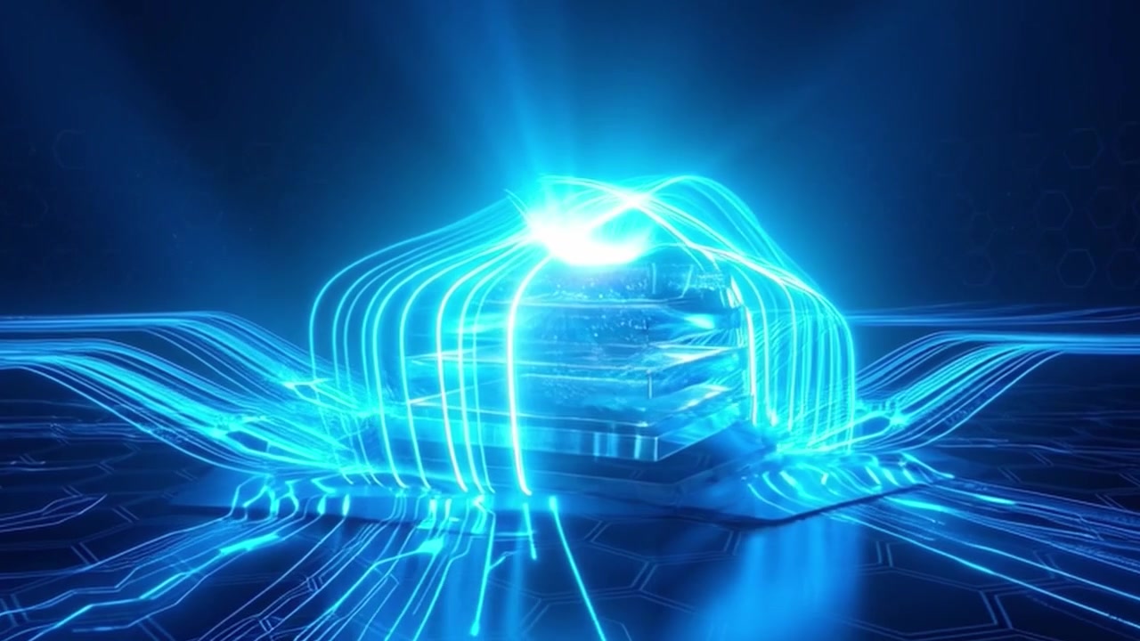 Abstract Digital Data Processing with Glowing Blue Light Trails