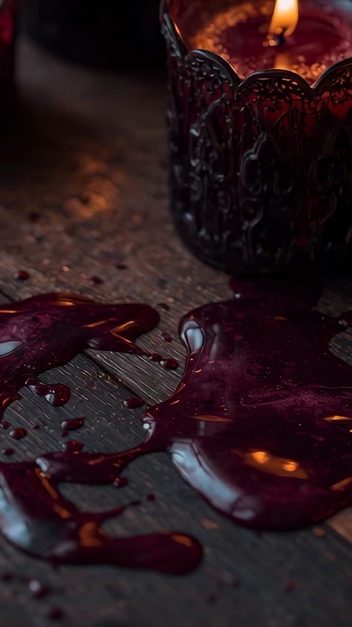 Vertical video: Burning candle in ornate metal holder dripping red wax on wood table