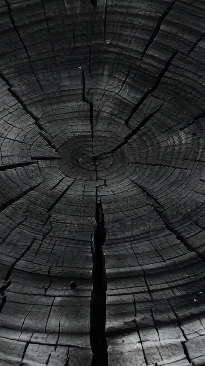 A large tree stump with many cracks and holes. The stump is surrounded by dirt and rocks. The image has a moody and somber feel to it, as the tree stump appears to be decaying
