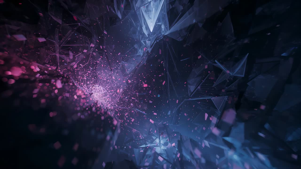 Emitting particles, magenta orb casting glow and revealing facets in crystal cavern, copy space