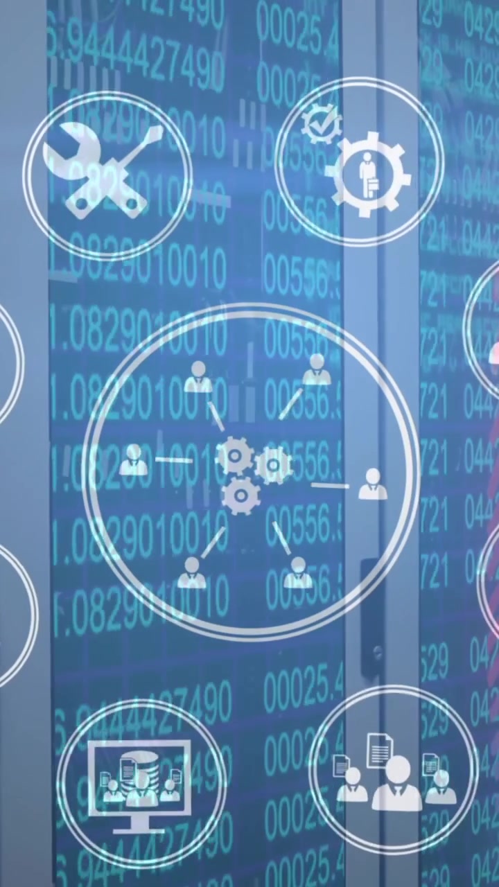 Animation of multiple white circles with social icons in them over room of screens
