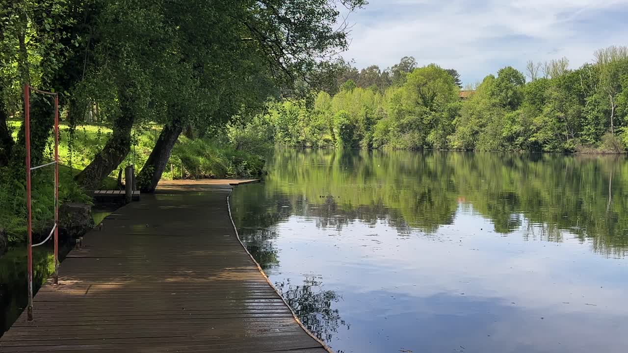Serene riverside boardwalk with lush trees reflecting on still water in late morning light