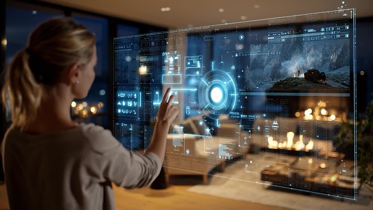 Woman interacts with holographic technology in modern living room