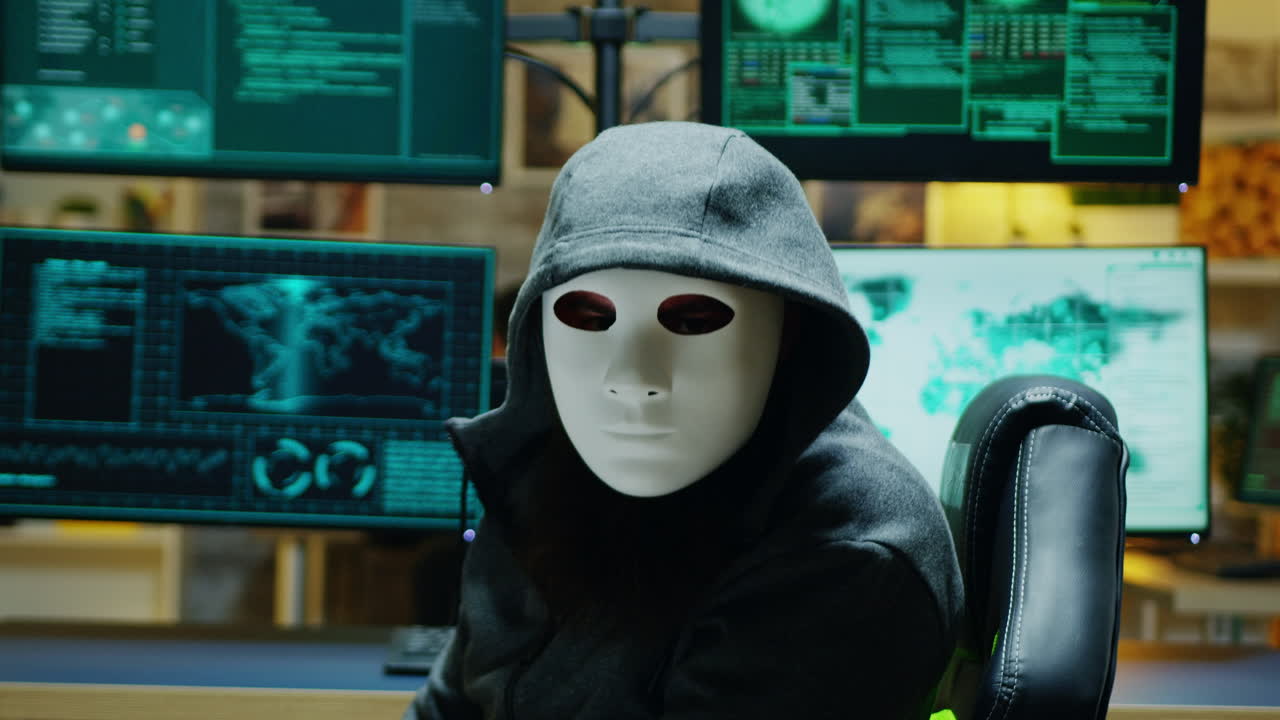 Masked hacker in his apartment looking into the camera