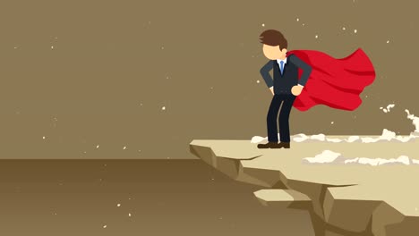 superhero businessman standing on cliff ready for challenge. business symbol. challenge and success concept. comic loop animation.