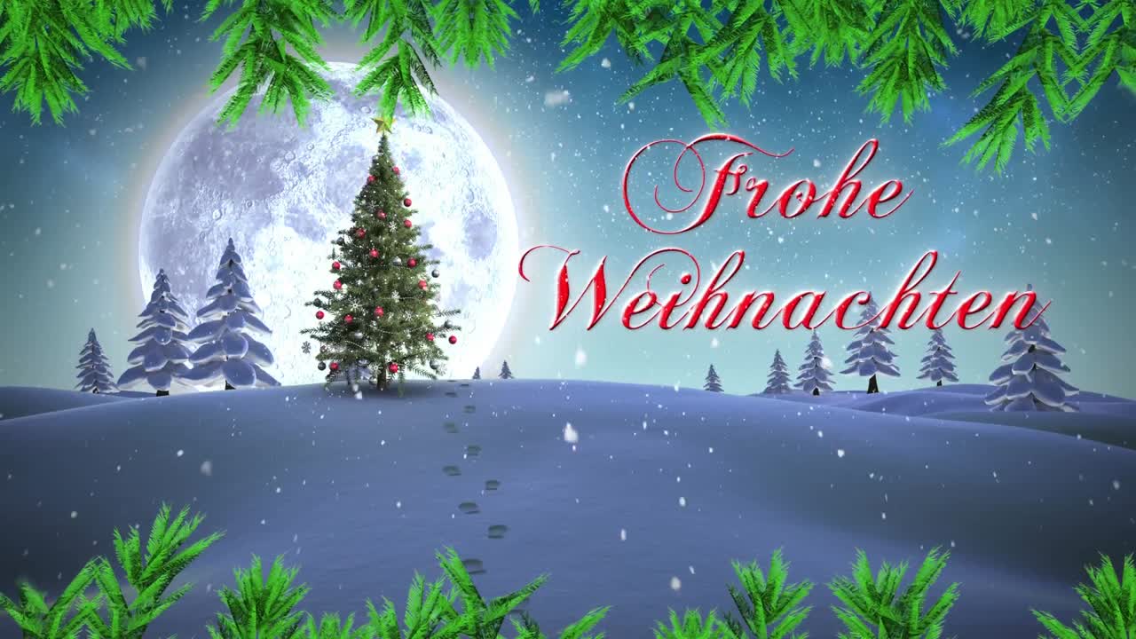Digitale Animation des Textes 'Frohe Weihnachten' vor fallendem Schnee über einem Weihnachtsbaum in einer Winterlandschaft.