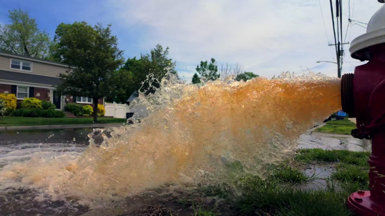 A low angle shot of a red and white fire hydrant spraying rusty water onto the street on a sunny day