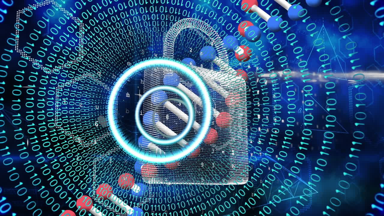 animación de adn y círculos pulsantes sobre un candado digital sobre un código binario en el espacio de la marina