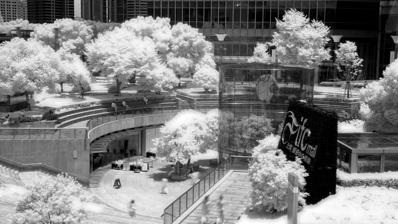 Timelapse a infrarossi del centro commerciale IFC di Shanghai con il cilindro di vetro dell'Apple Store
