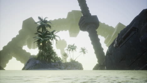 majestic alien ship encounters a serene tropical island at dawn
