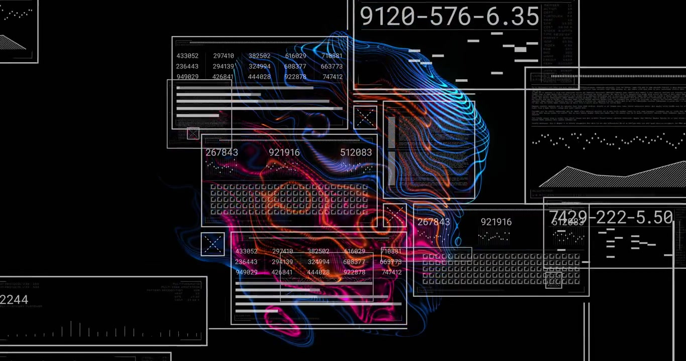 Neon head pulsing on black, HUD windows sliding in, head visualizing incoming technology updates
