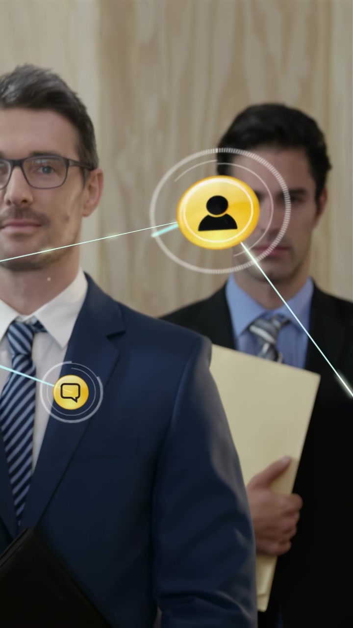 Vertical video: Two men standing, network icons emerging and expanding over people for business