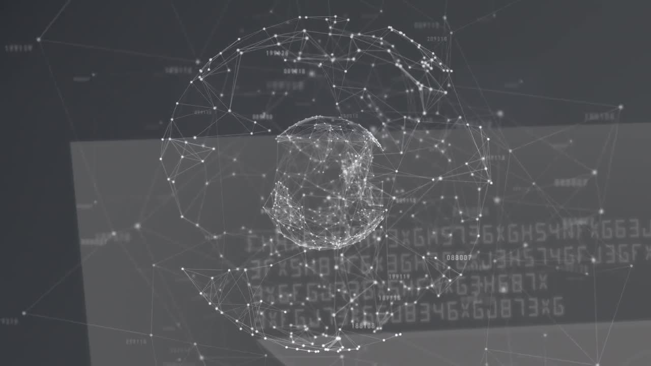 Globe of network of connections spinning over data processing against grey background