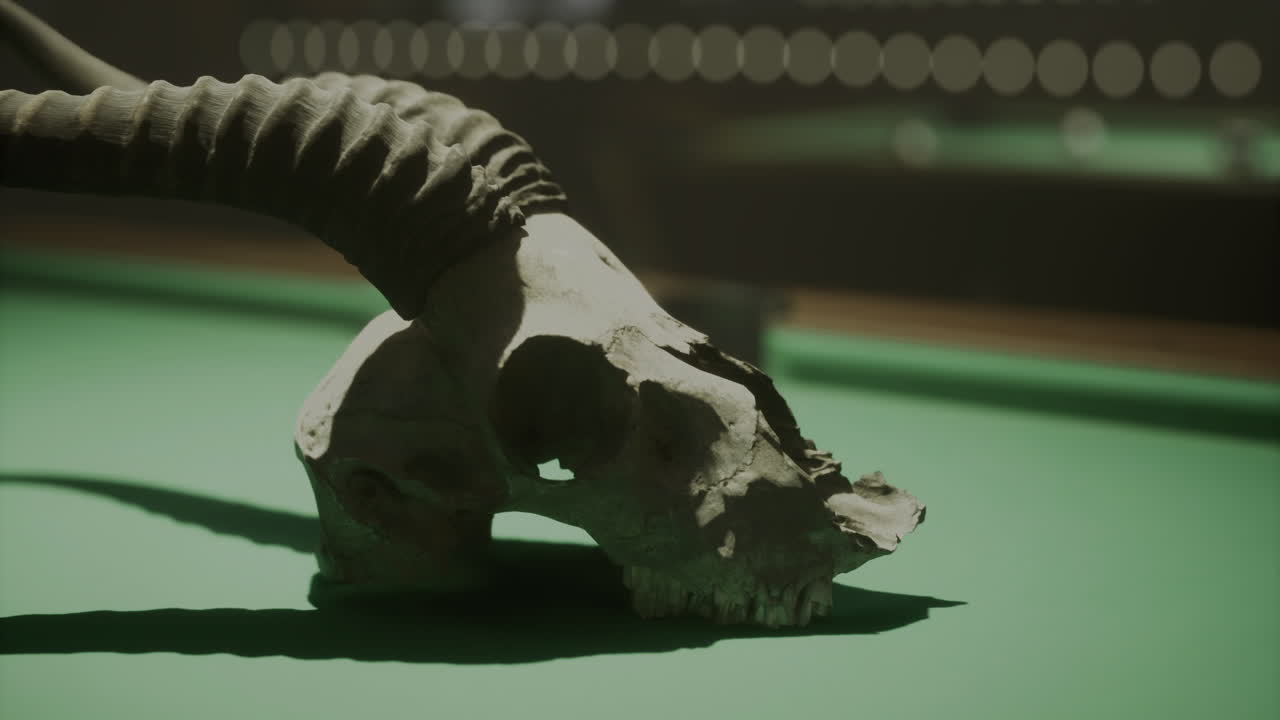 Display of a ram skull resting on a green billiard table in dim lighting