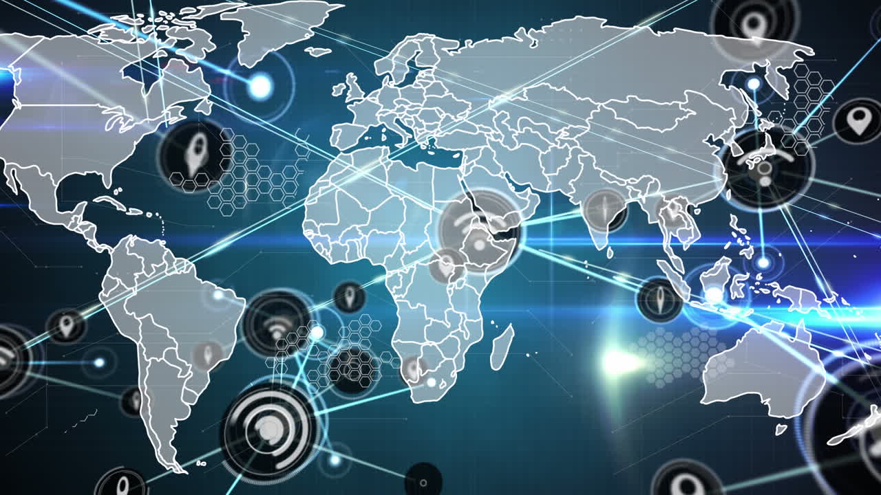 세계 지도 위의 위치 아이콘과 함께 와이파이를 통해 연결의 성장하는 네트워크의 애니메이션