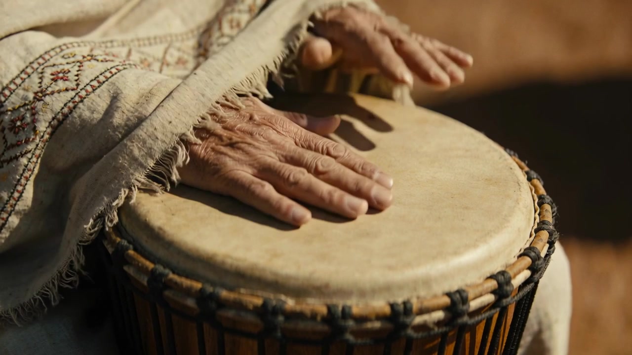 Lifting right hand, drummer playing djembe outdoors, keeping rhythm with embroidered sleeve, ring