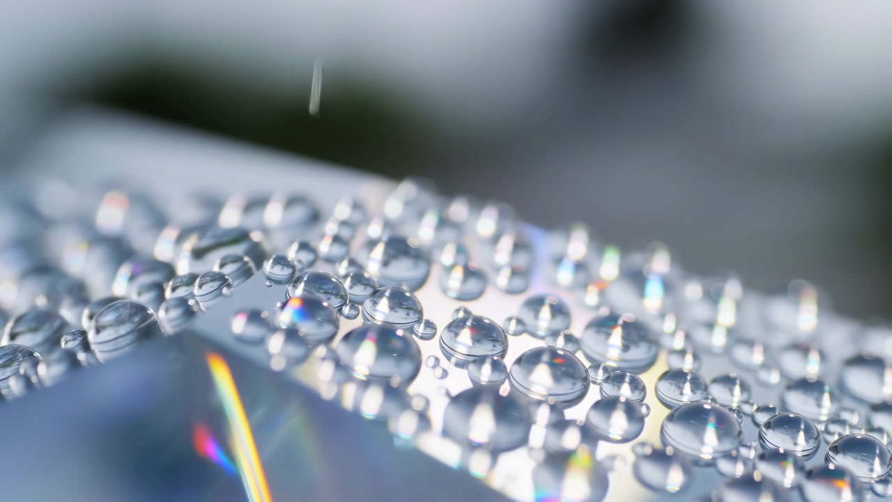 Primo piano di goccioline d'acqua limpide che riposano su una superficie liscia, riflettente e vetrosa, con dettagli nitidi in primo piano, sfocatura morbida a metà campo, toni freddi, riflessi scintillanti, profondità diagonale, pulito e minimale.
