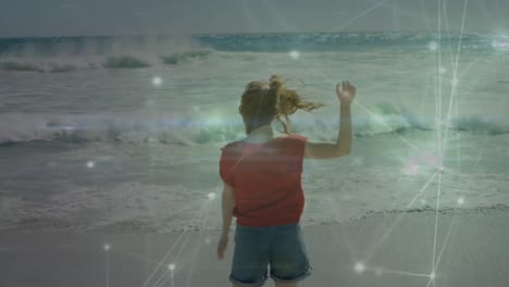 animación de la red de conexiones sobre la mujer caucásica en la playa