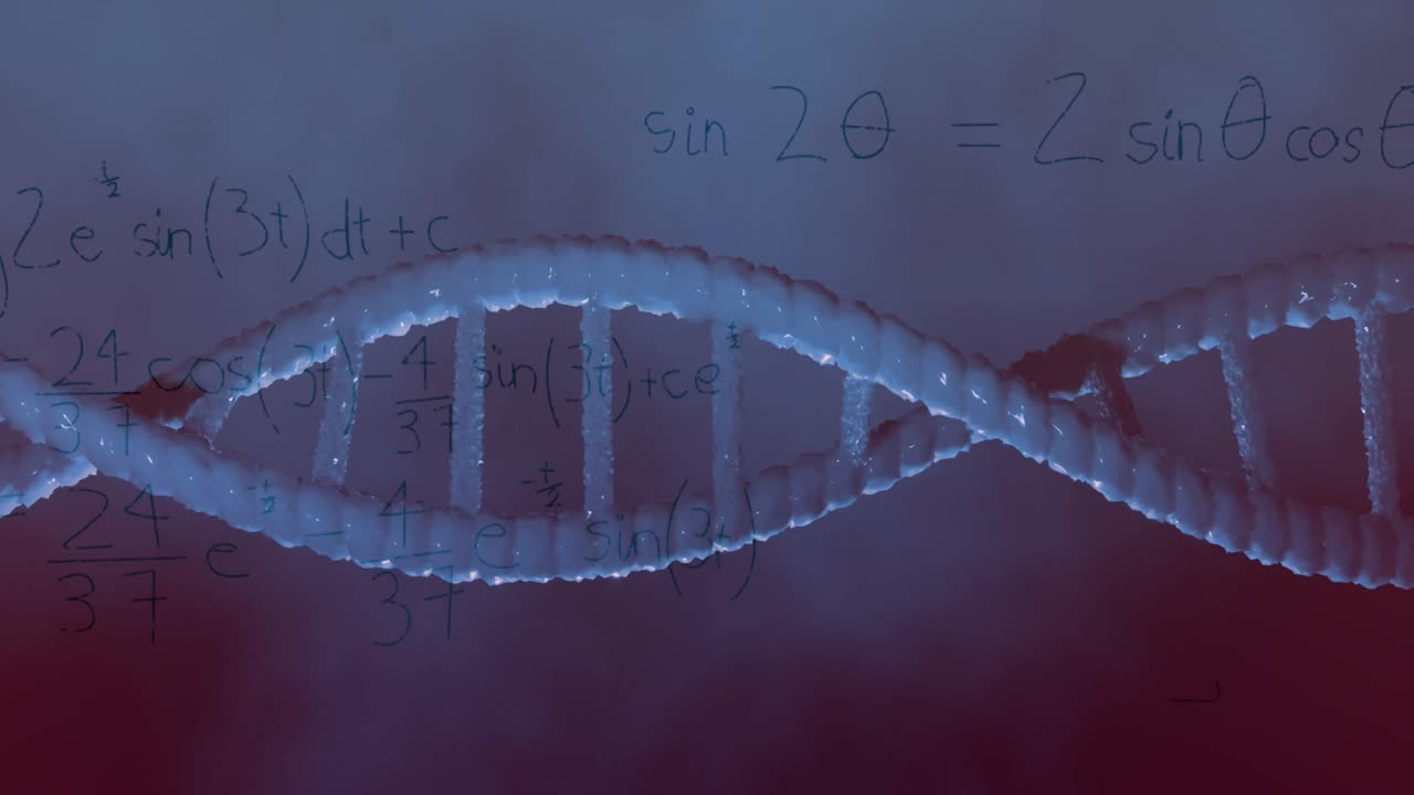 animación del adn girando sobre fórmulas matemáticas en fondo violeta
