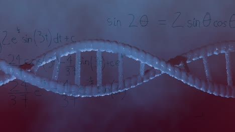 Animation-of-dna-rotating-over-math-formulas-on-violet-background