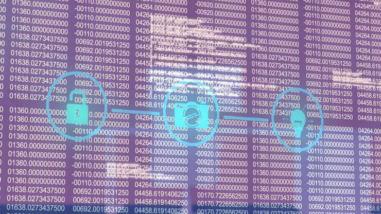 Animation af forbundne ikoner, skiftende tal og programmeringssprog mod abstrakt baggrund