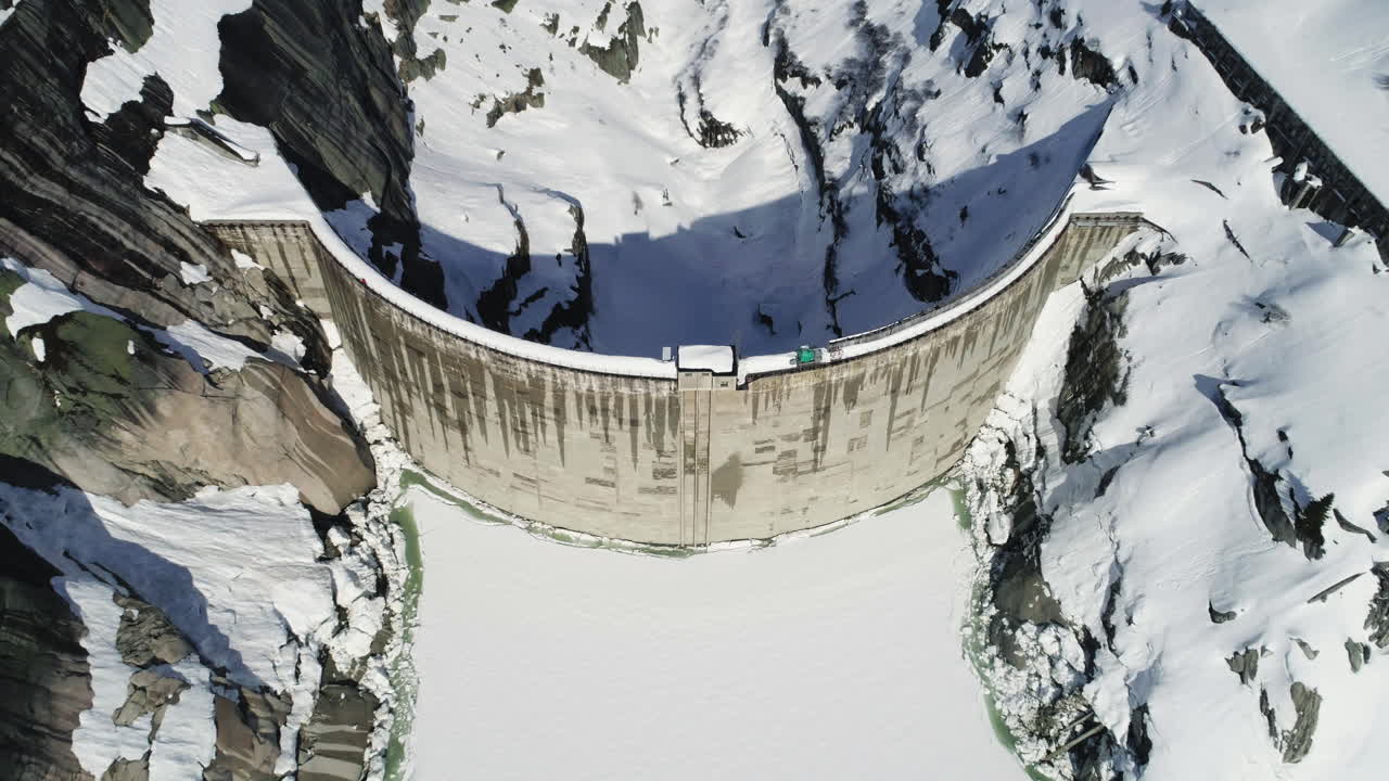 Aerial of a dam in winter