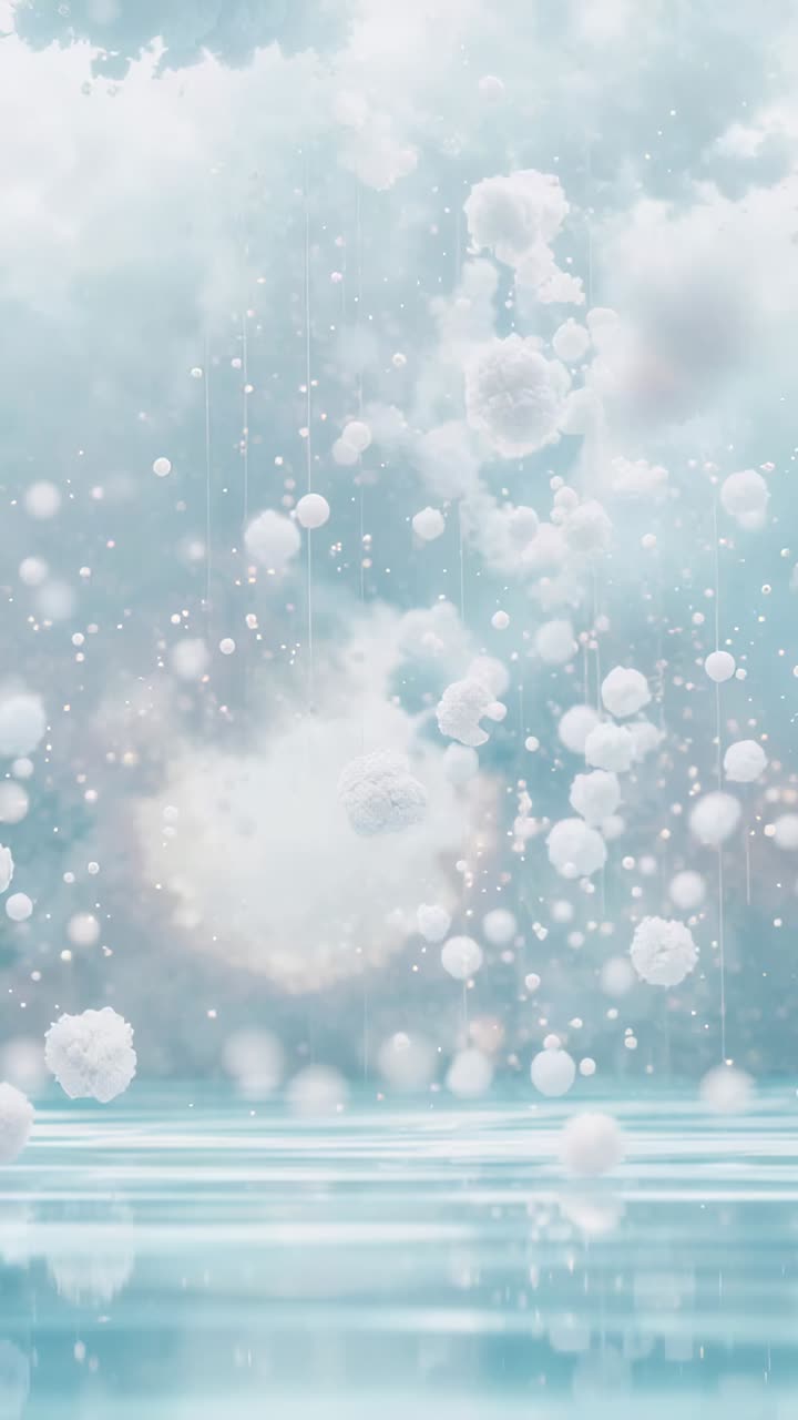 Vertical video: Shifting cloud field sending center puff falling in aqua with small puffs, ripples