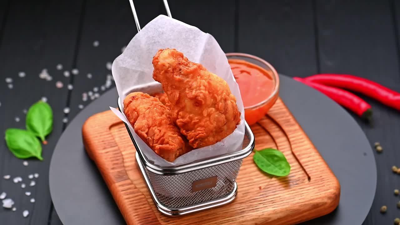 Cibo fritto croccante servito con salsa su una tavola di legno in un ambiente di cucina. Gli alimenti fritti sono disposti in un piccolo cestino con salsa su una tavola di legno in un ambiente di cucina.