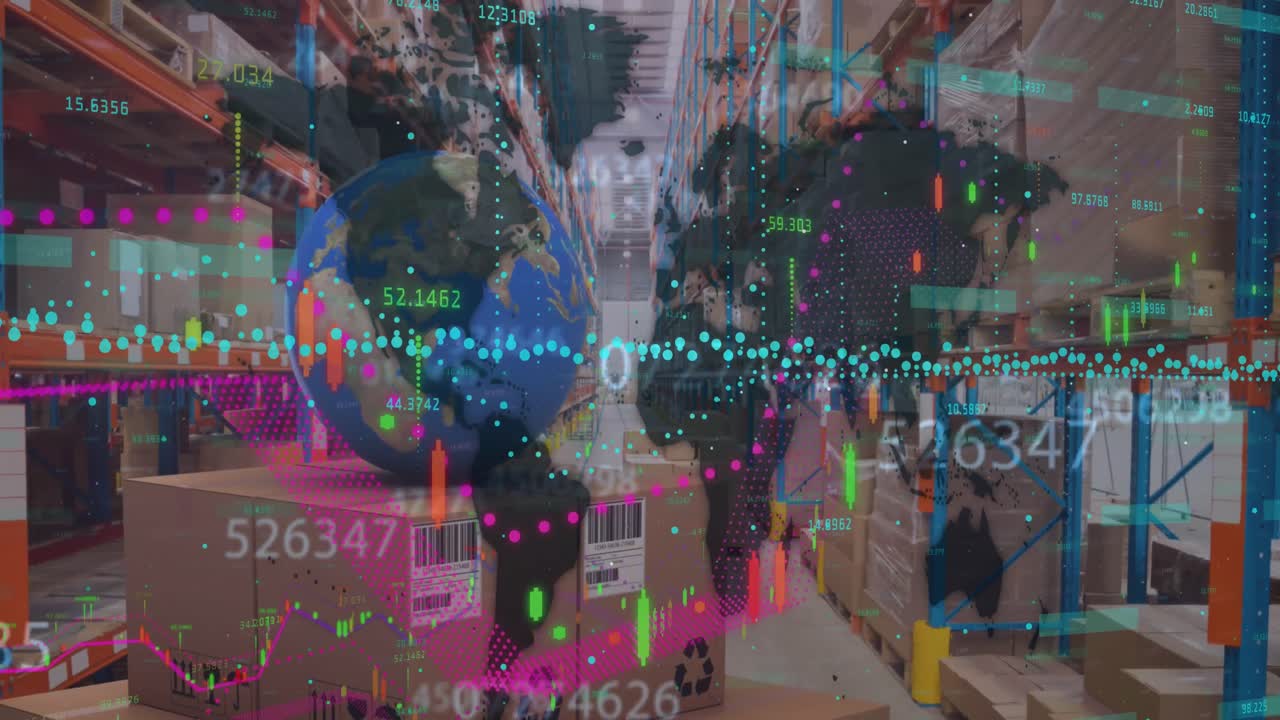 animación del procesamiento de datos en un almacén vacío