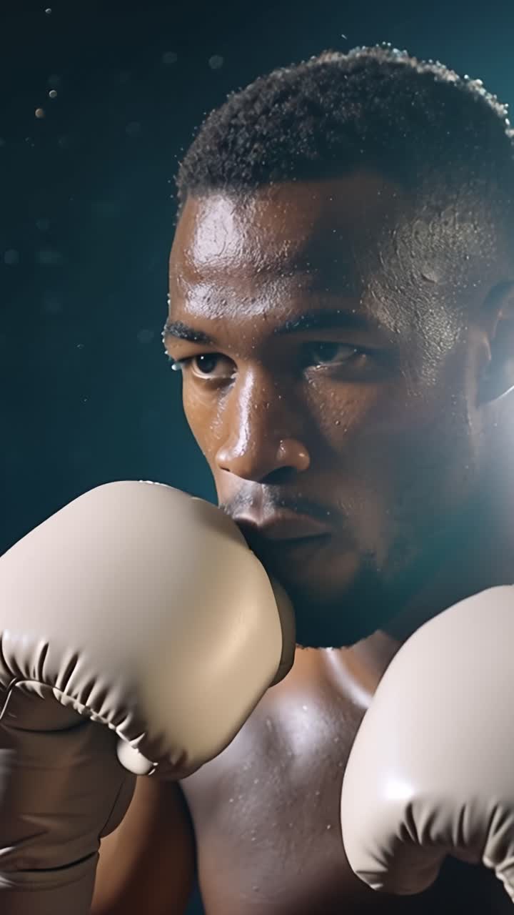 Intense Focus and Determination: A Boxer Preparing for the Fight with Water Droplets Glistening on His Skin in Dramatic Lighting