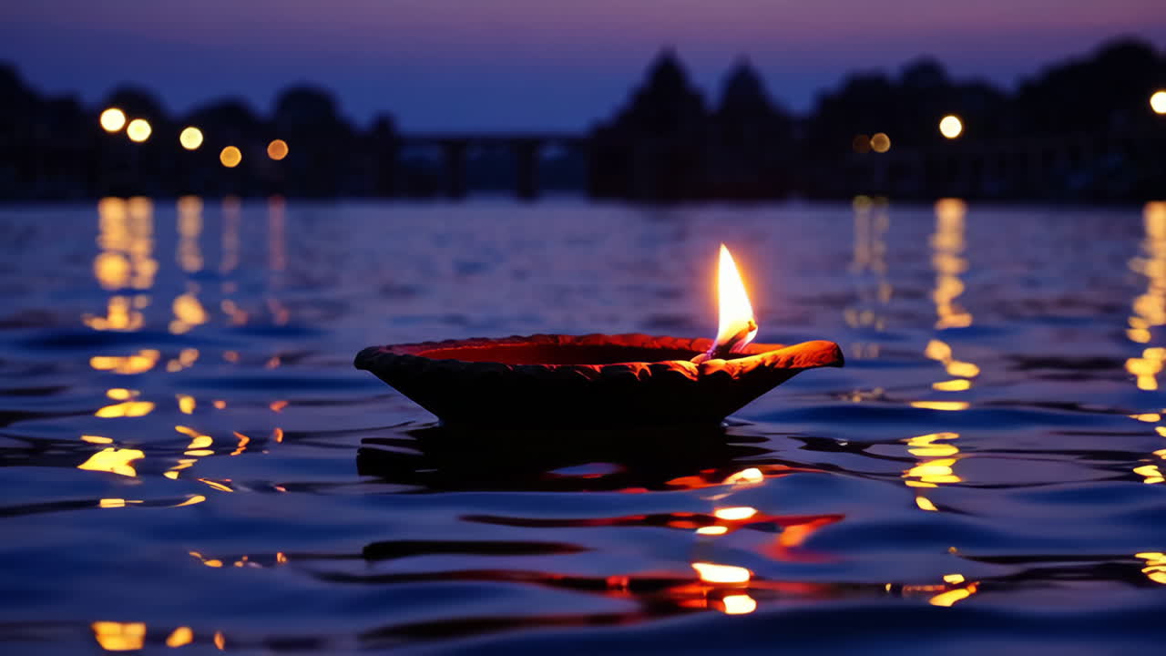 Diya che galleggia sull'acqua al tramonto