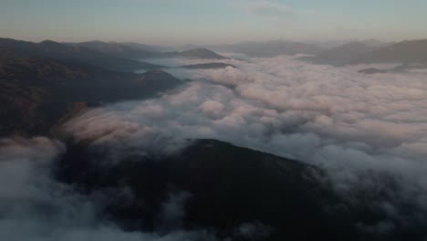 Drone-flight-during-sunrise-over-the-Iya-Valley-in-Shikoku,-Japan