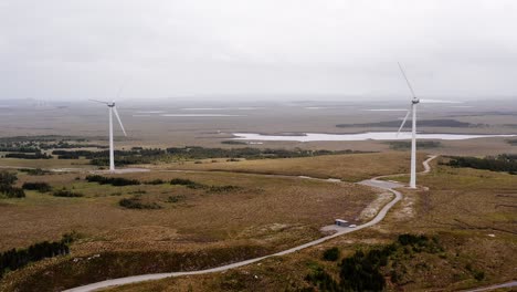 wide aerial shot of a wind farm on a moorland hill on the western isles