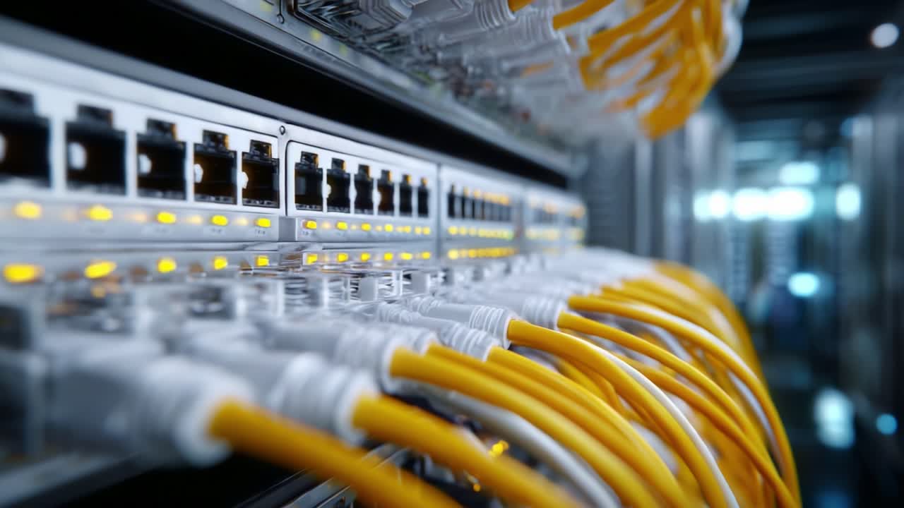 Close-Up View of Network Switches and Ethernet Cables in a Data Center, Showcasing Connection Infrastructure and High-Speed Networking Technology