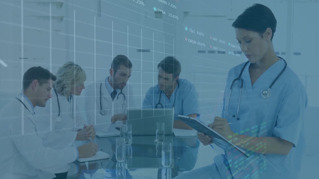 animación de gráficos y datos sobre diversas mujeres y hombres médicos durante la consulta