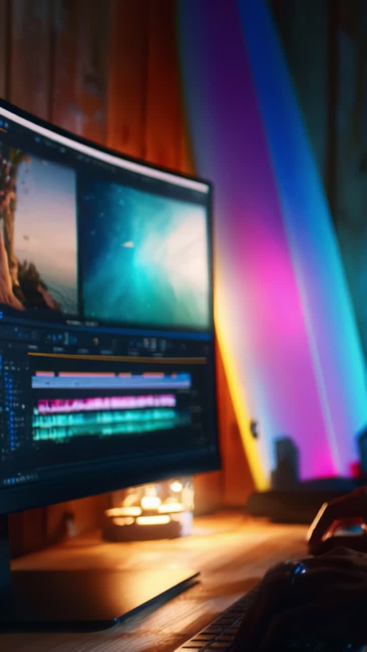 Video Editing Process: A Creative Workspace Featuring Advanced Software and Vibrant Lighting with Surfboards in the Background
