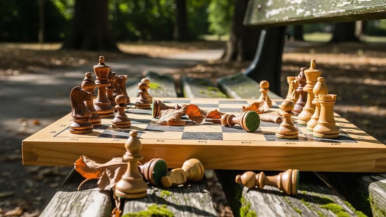 Uma partida serena de xadrez em meio ao outono da natureza: Capturando movimentos estratégicos com folhas caídas em um tabuleiro de xadrez clássico de madeira em um cenário de parque tranquilo.