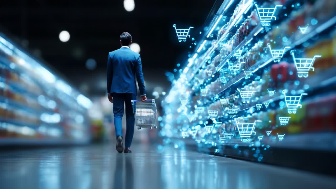 A Businessman Navigates a Modern Supermarket Aisle, Featuring Animated Shopping Carts and Digital Technology Representing Retail Innovation and Enhanced Consumer Experiences
