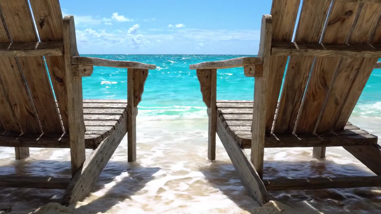 Ruhiger Strandurlaub: Zwei Holzstühle blicken auf ruhiges türkisfarbenes Wasser unter einem klaren blauen Himmel, perfekt zum Entspannen und Genießen der Schönheit der Natur.