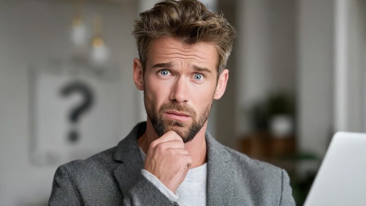 Un giovane uomo pensieroso contempla le sue prossime mosse mentre esamina il suo portatile, riflettendo incertezza e curiosità in un ambiente di lavoro moderno