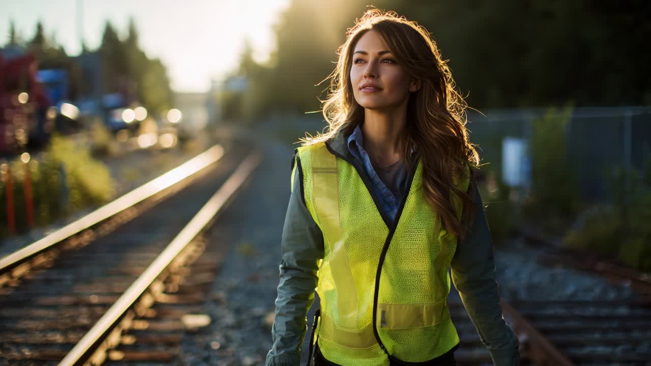 A confident individual wearing a bright yellow safety vest walks along the railway tracks during golden hour, embodying a sense of purpose and determination in a tranquil outdoor setting