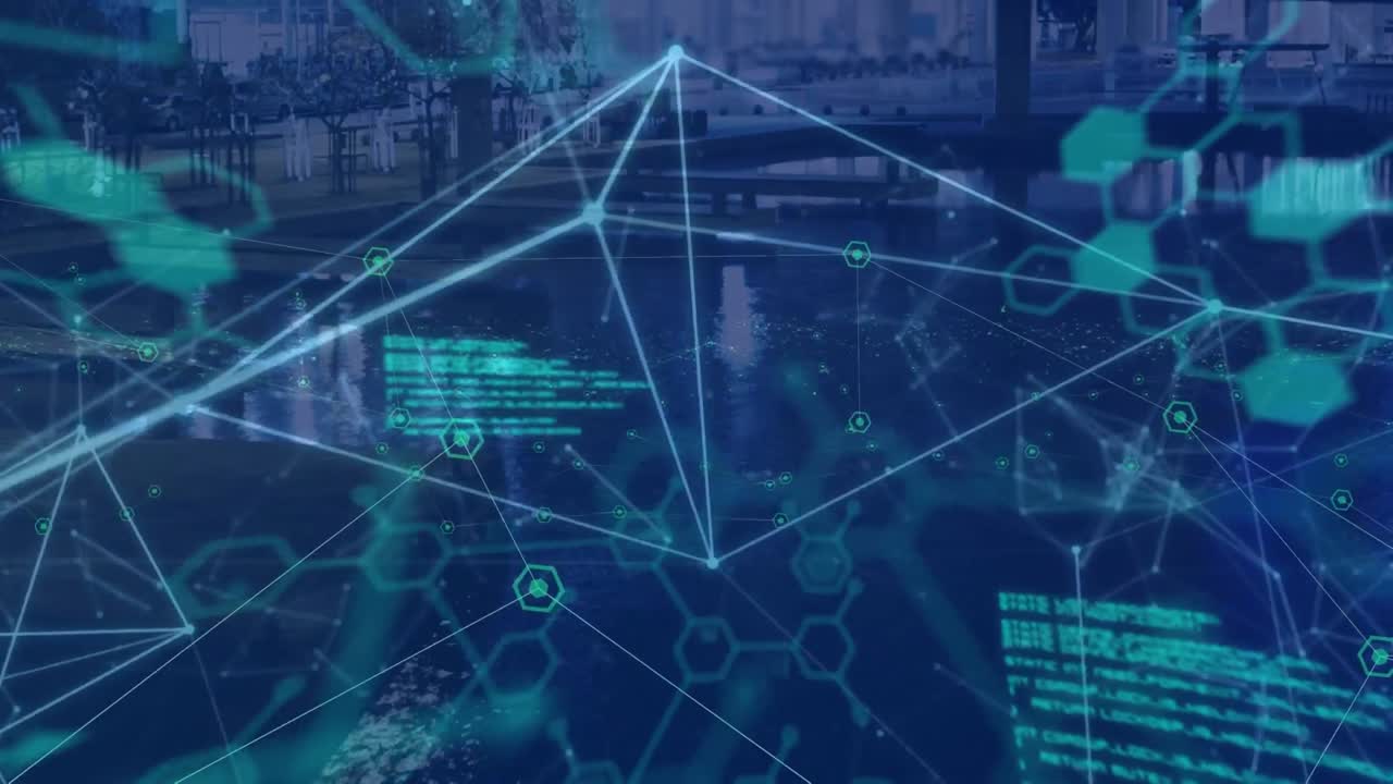 Animation of network of connections and data processing over cityscape