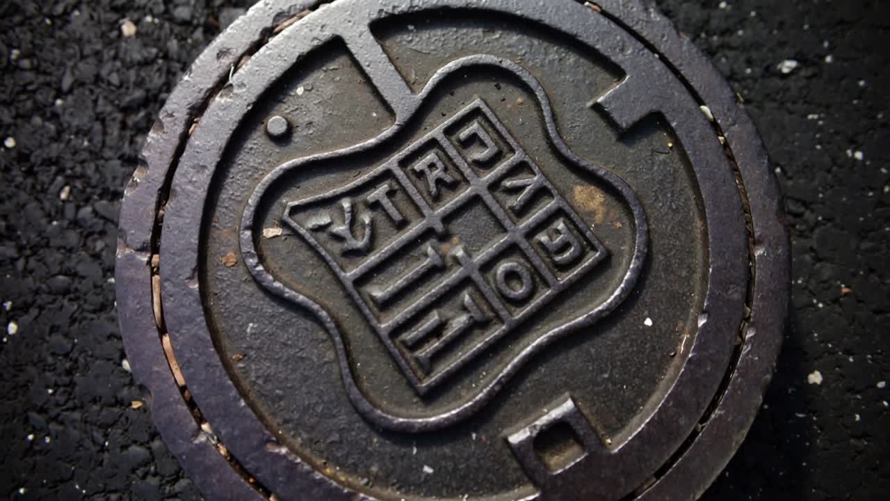 En kameramand justerer og centrerer rammen over vejen og afslører et emblem på et støbejerns-kloakdæksel.